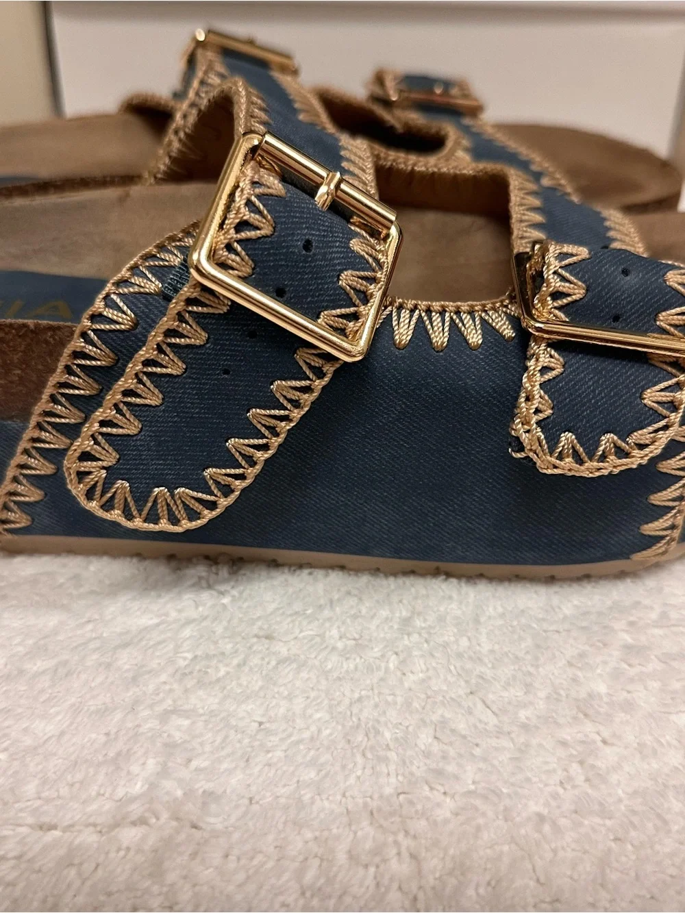 MIA Kids Denim Blue Double-Buckle Slide Sandals with Gold Buckles